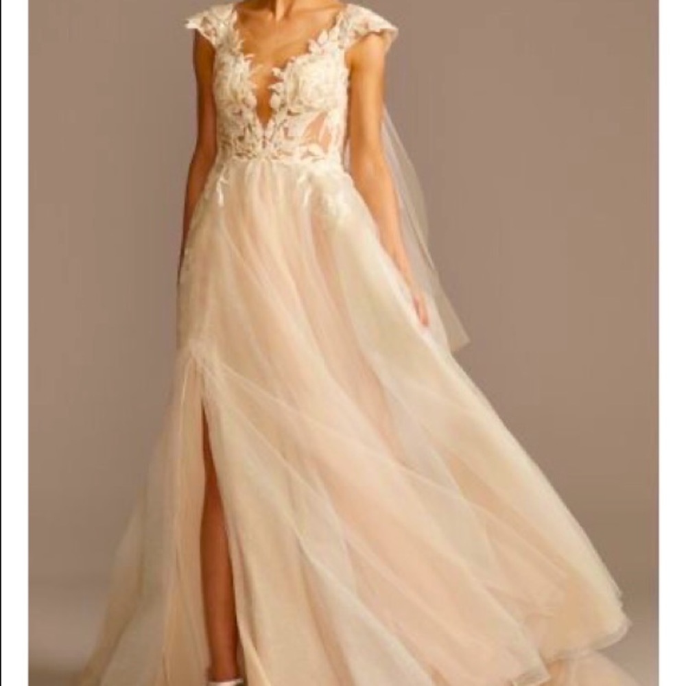 Galina Signature SWG862 Illusion Cap Sleeve Lace Appliqued Wedding Dress Ivory
